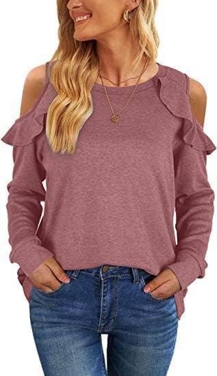 CREW-NECK, OFF-SHOULDER, RUFFLED CASUAL SWEATER