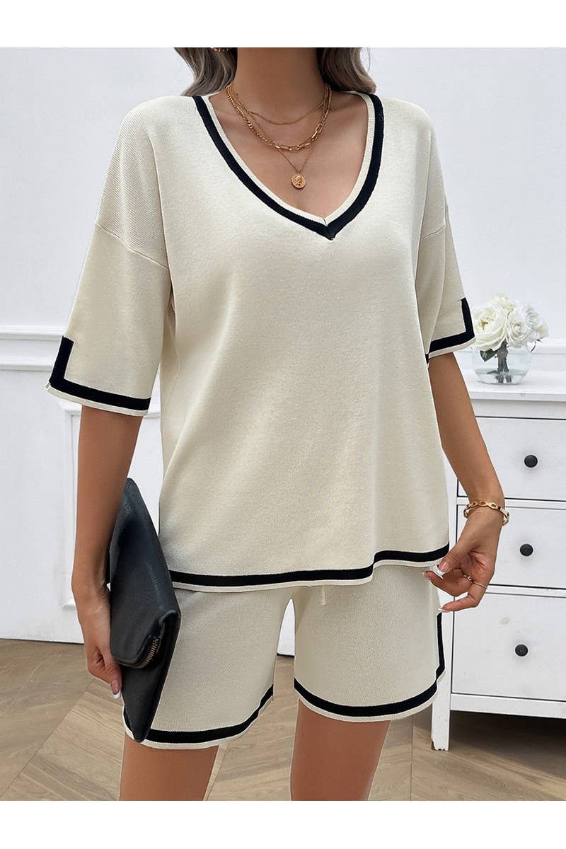CWSTB0665_CASUAL LOOSE V-NECK SHORT SLEEVED SHORTS KNIT SET