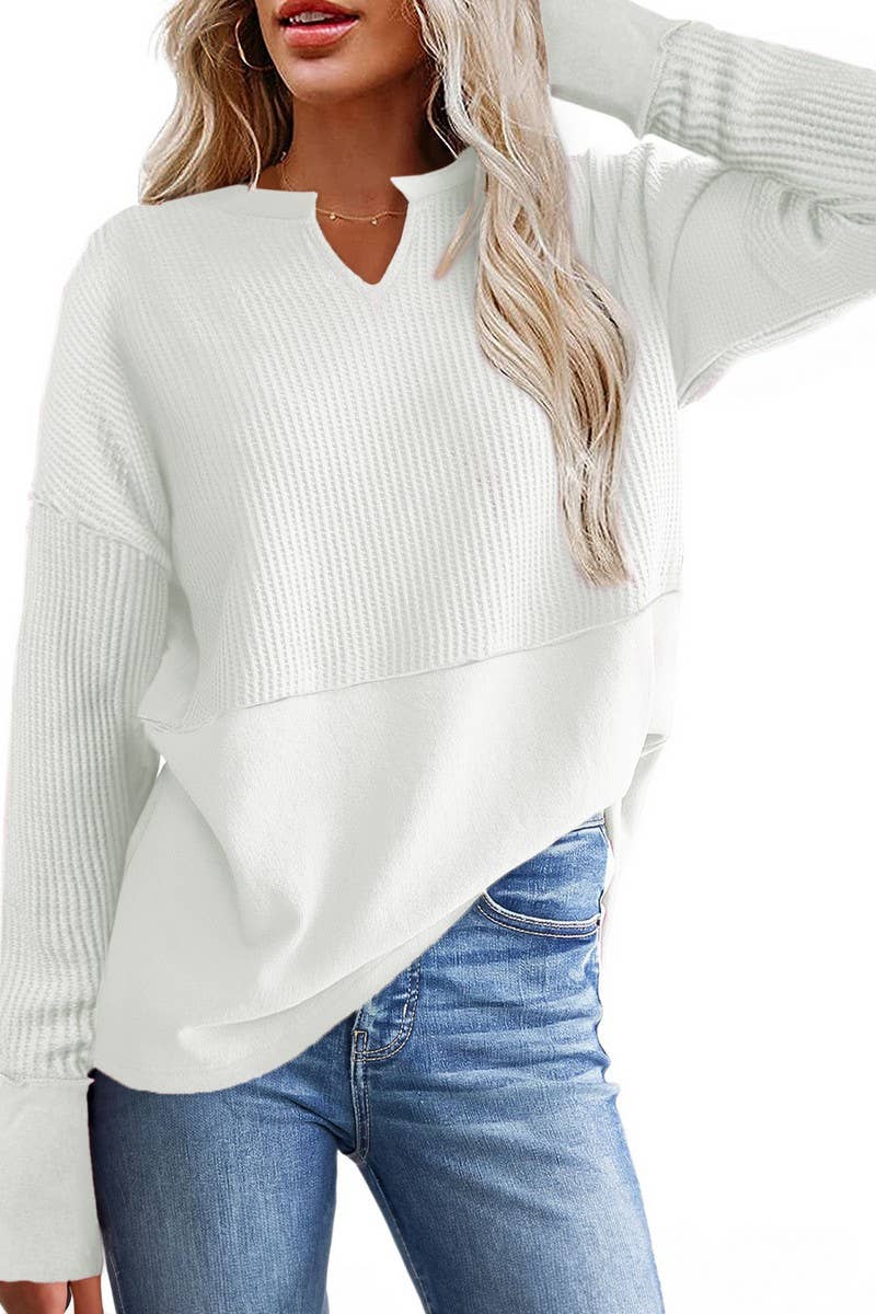 CWTBLL2422_SOLID COLOR PATCHWORK LONGSLEEVE LOOSE SWEATSHIRT
