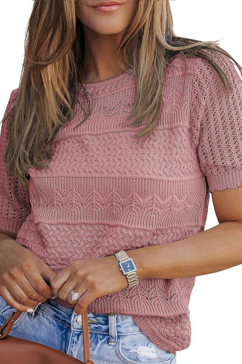 CWOSWS0144_CROCHET HOLLOW OUT KNIT SHORT SLEEVE TOP