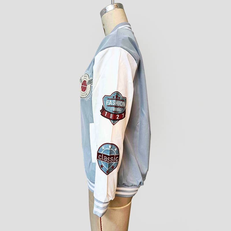 COLOR CONTRAST LETTER PRINT BASEBALL JACKET