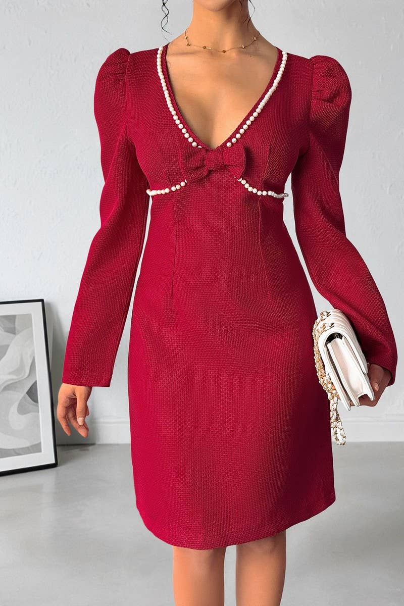 CWDSD10579_VINTAGE BOW PEARL DEEP V RED LONG SLEEVE DRESS