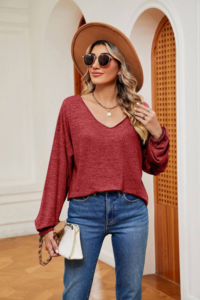 CWTBLL2402_SOLID COLOR V-NECK LONG-SLEEVED CROPPED TOP