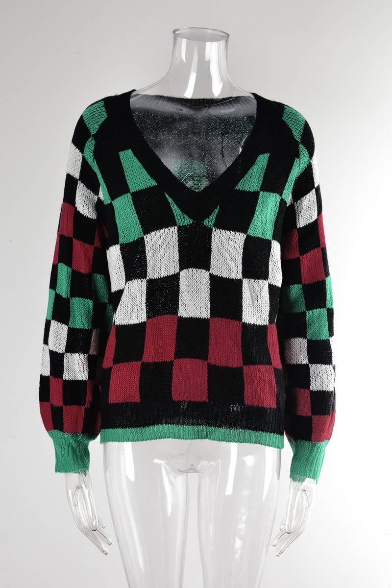 CWOSWL3174_V-NECK PLAID CONTRAST KNITTED PULLOVER SWEATER