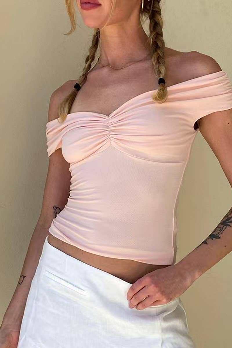 CWTBLSL0741_OFF SHOULDER RUCHED FRONT SEXY CROP TOP
