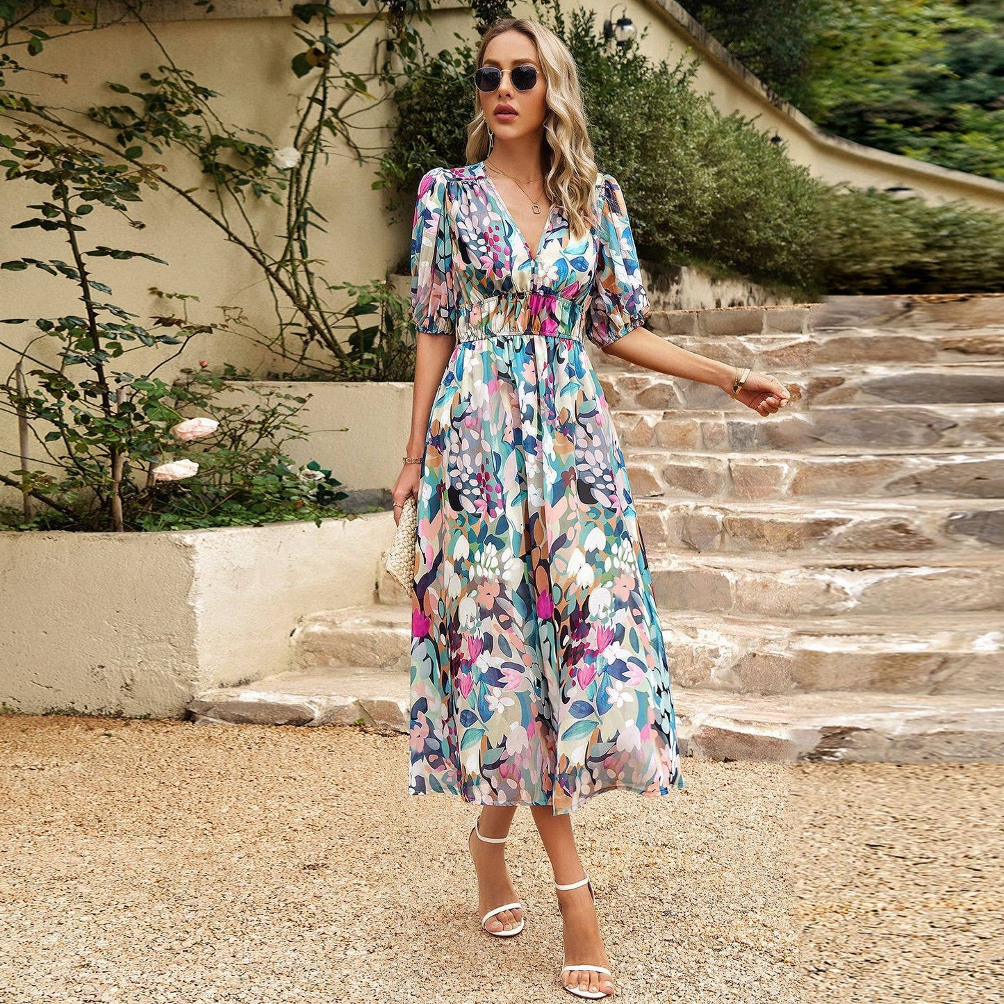 Elegant Waist-Cinched Asymmetrical Floral Dress