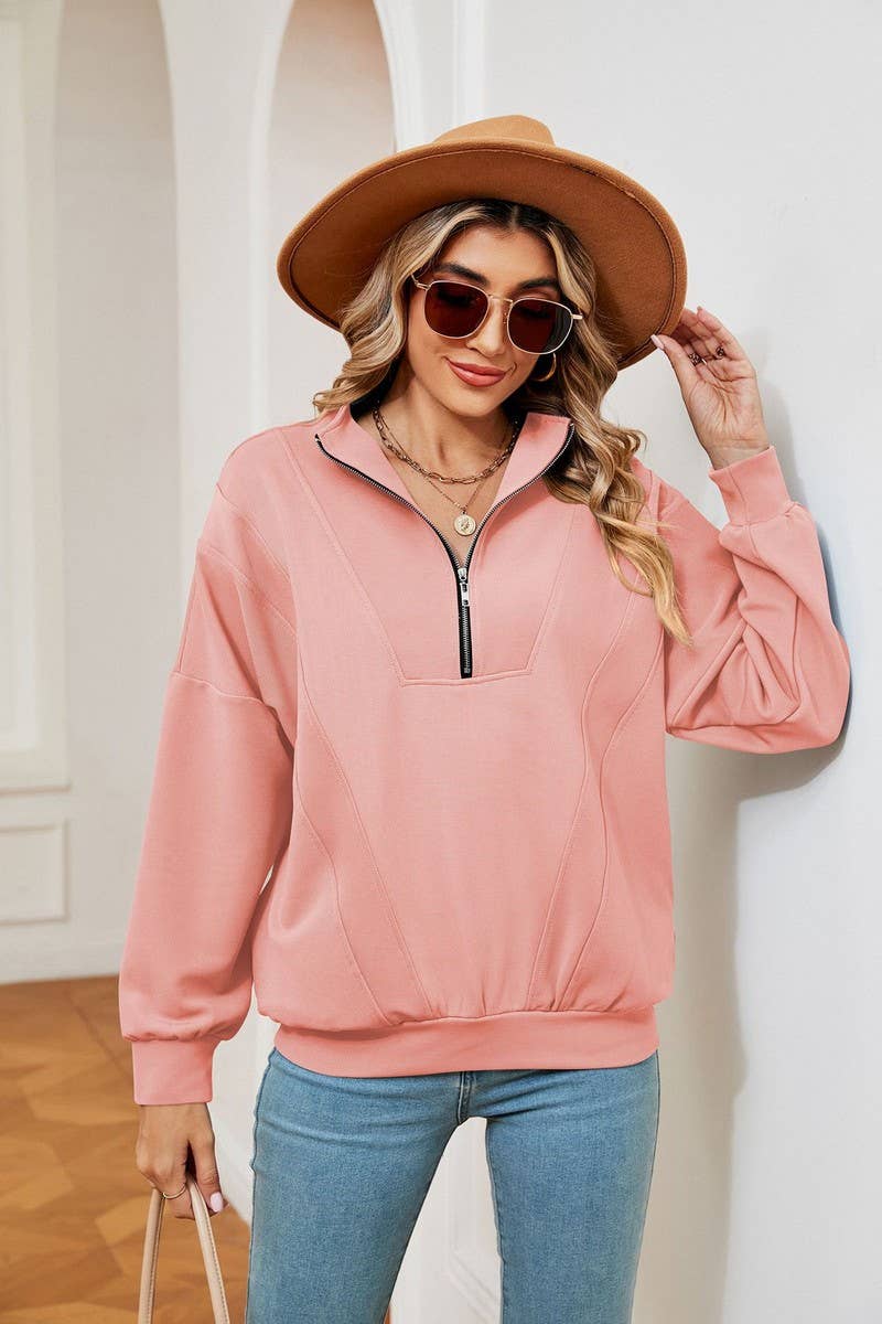 CWTBLL2399_ZIPPERED STAND COLLAR POCKET CASUAL SWEATSHIRT