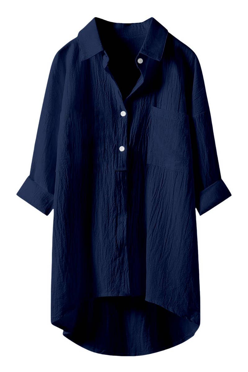 CWTSTL2876_SOLID COLOR HIGH AND LOW COTTON AND LINEN SHIRT