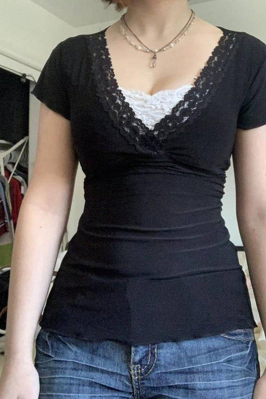 CWTBLS1498_FAKE TWO-PIECE LACE SHORT-SLEEVED TOP