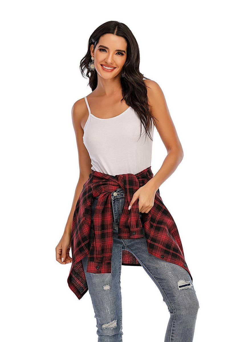 CWTBLL3628_NEW WOMEN'S SUEDE BUTTON-DOWN PLAID SHIRT