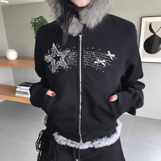 Distinctive street star rhinestone zipper jacket