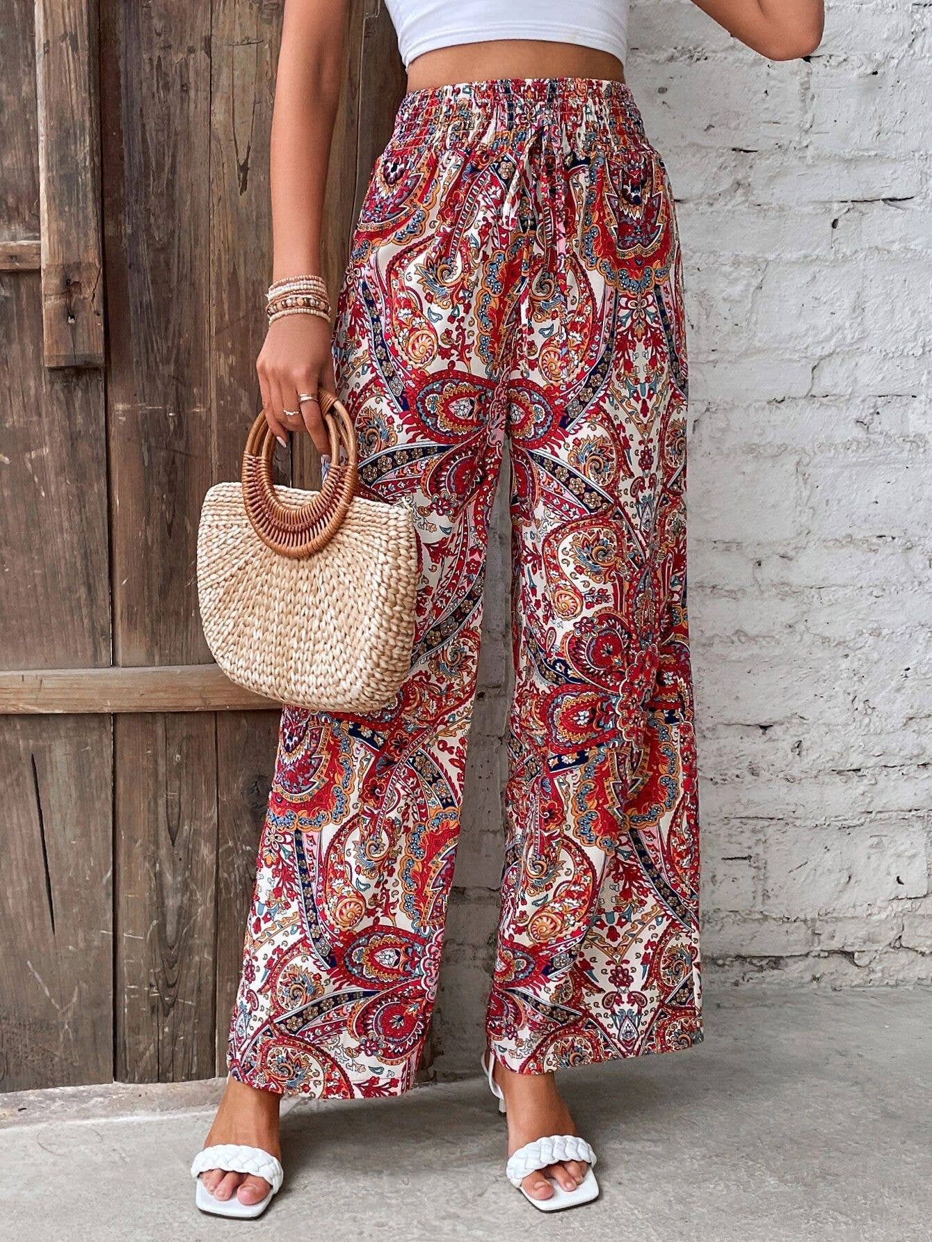 ALL-IN-ONE PRINTED ELASTIC-WAISTED WIDE-LEG PANTS