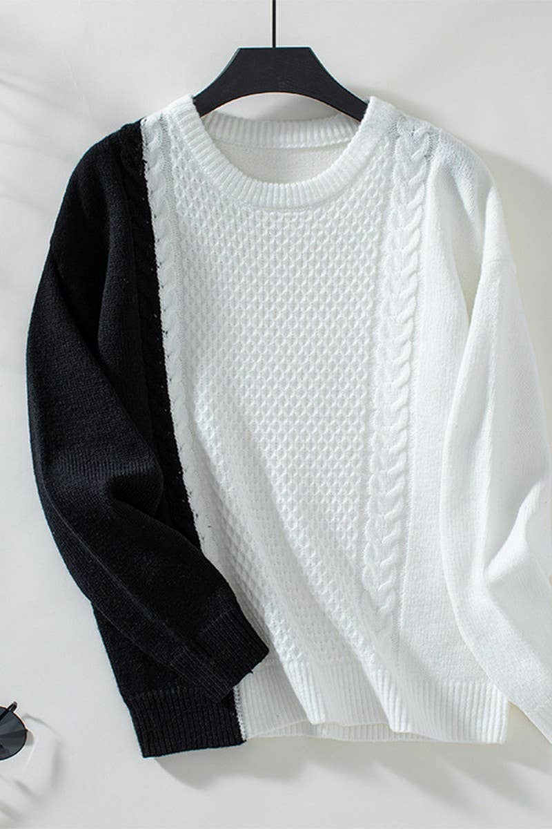 CWOSWL2880_CREW NECK CONTRAST CABLE SWEATER