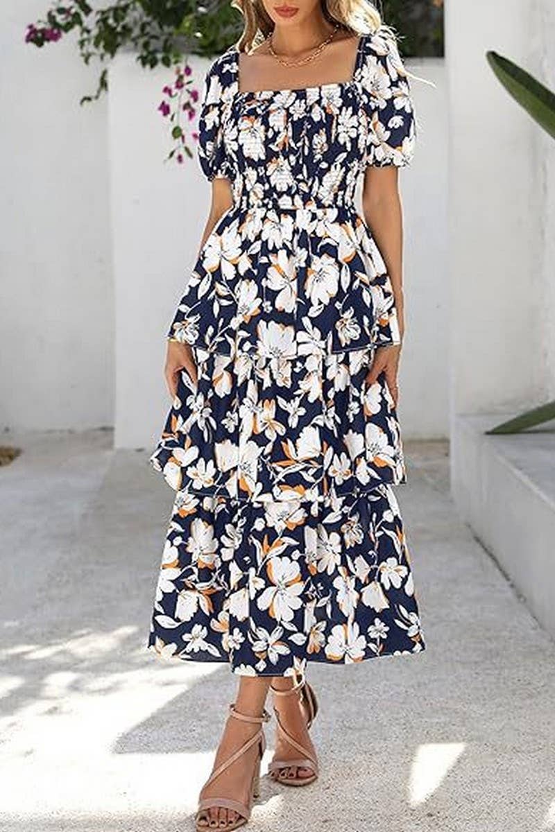 CWDMD01026_SQUARE NECK SHORT SLEEVE FLORAL CHIFFON DRESS