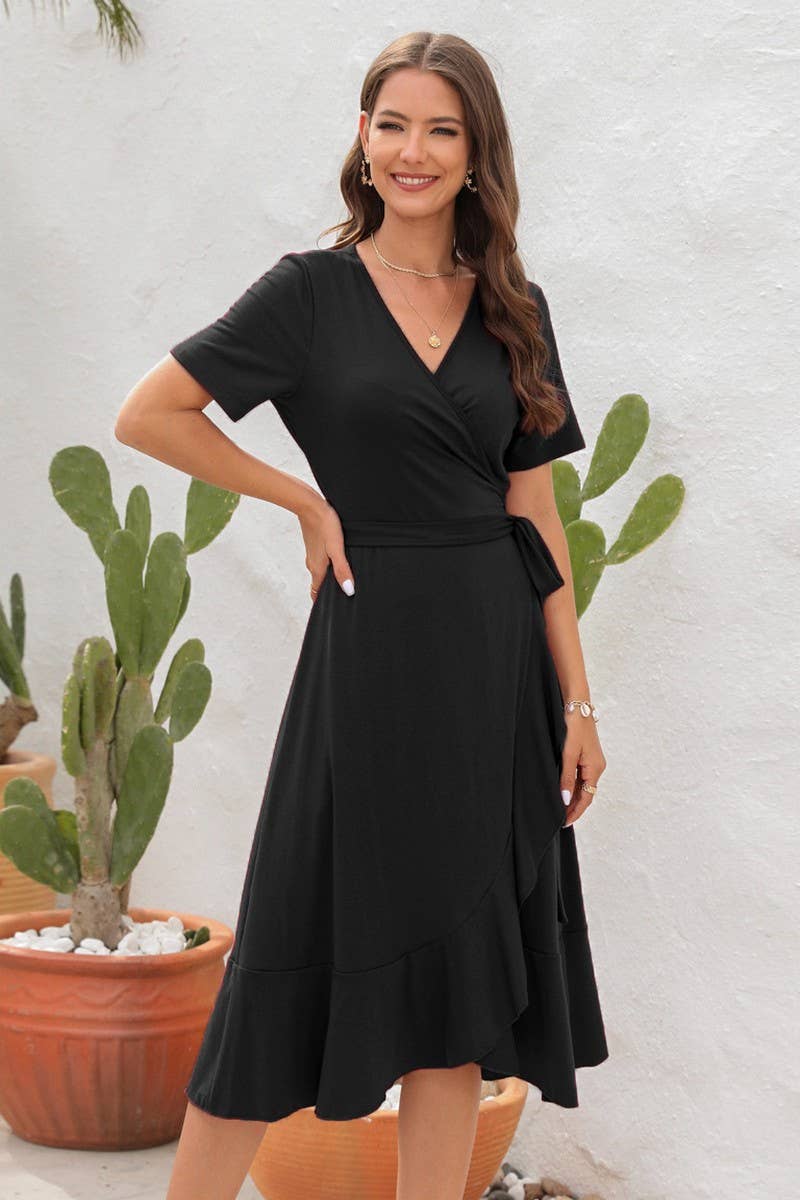 CWDMD2151_SOLID COLOR V-NECK HIGH WAIST BELTED DRESS