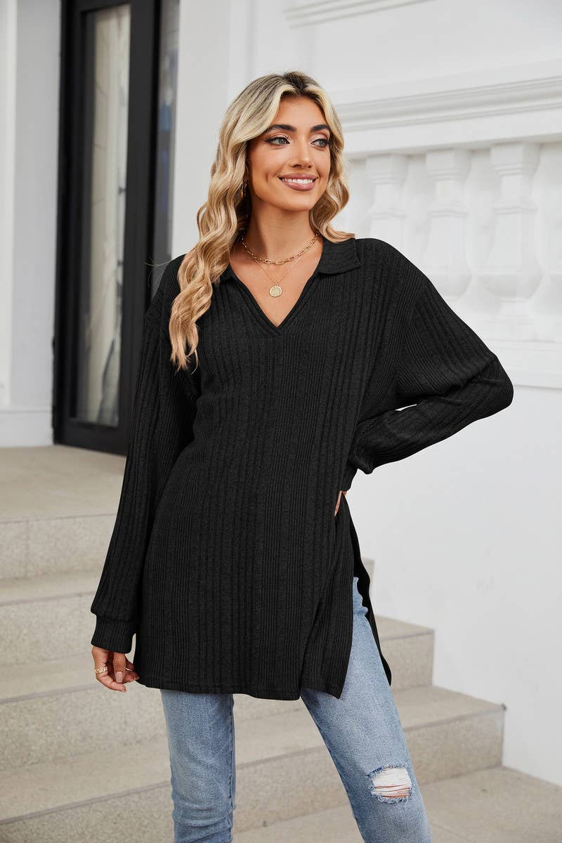 CWTBLL3668_FLIP COLLAR SLIT LONG SLEEVED LOOSE T-SHIRT TOP