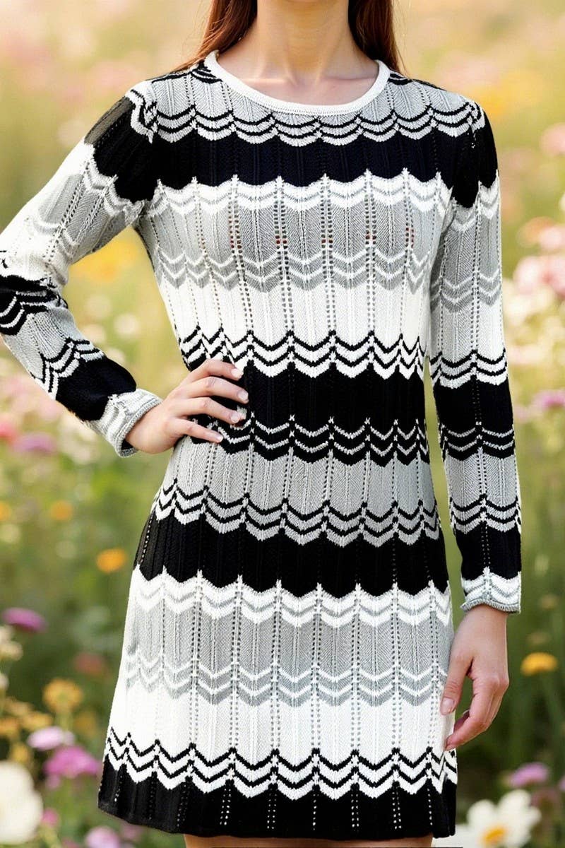CWDSD10564_COLORBLOCK LOOSE STRIPED SWEATER DRESS