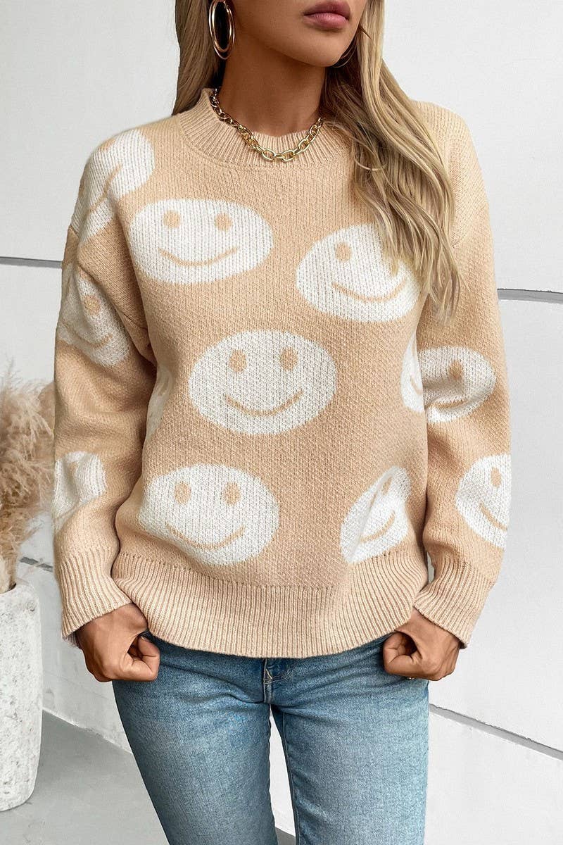 CWOSWL2874_SMILEY FACE LOOSE-FIT KNIT SWEATER