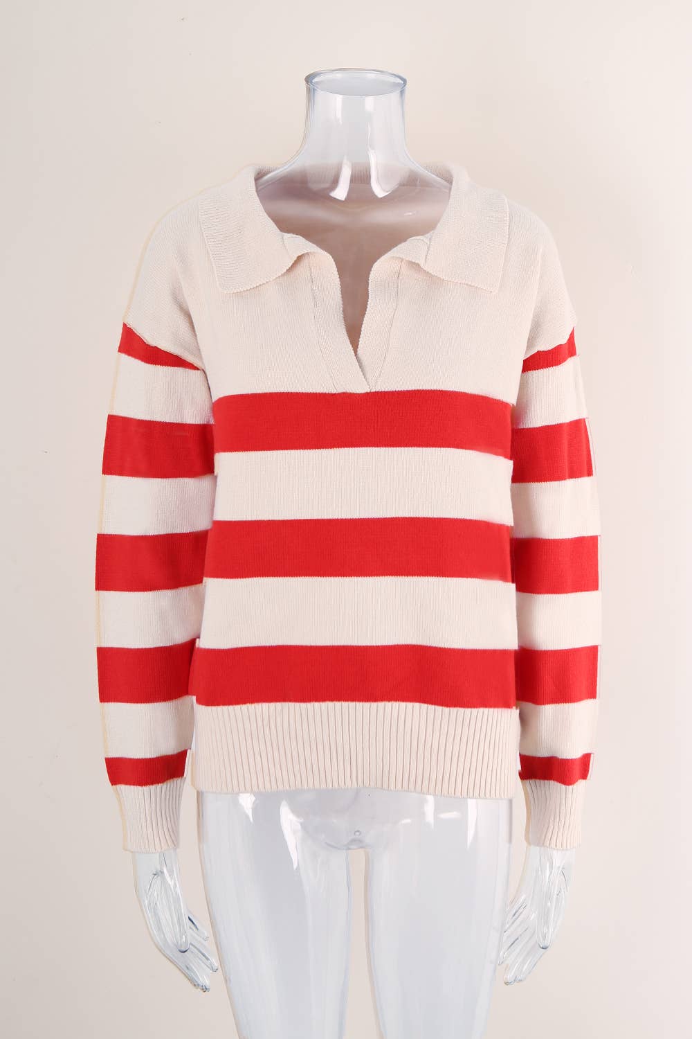 CONTRASTING STRIPED PLOL COLLAR KNIT SWEATER