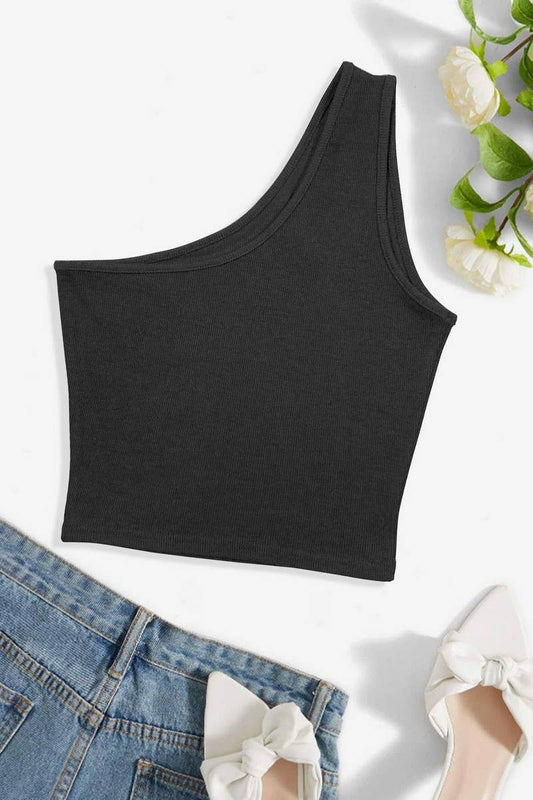 CWTTK0815_RIBBED HOLLOW ONE-SHOULDER SLEEVELESS VEST