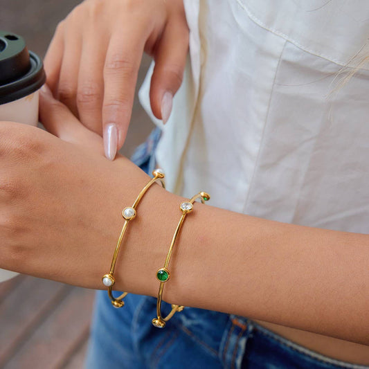 Classic 18K Gold Pearl Bangle, Stainless Steel