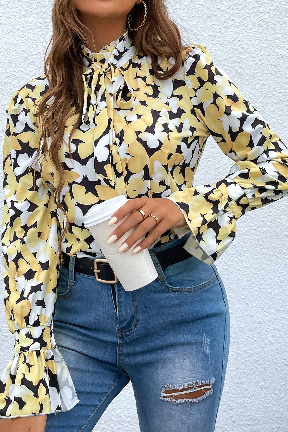 Butterfly print stand-up collar lace-up shirt