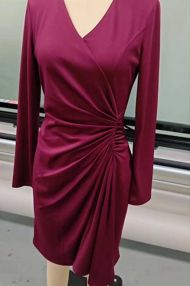 CWDMD01234_SEXY V NECK RUCHED BODYCON DRESS WOMEN LONG SLEEV