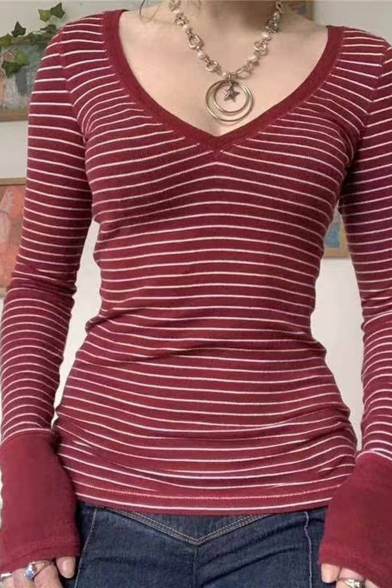 CWTBLL3167_V-NECK STRIPED LONG-SLEEVED BOTTOMING TOP