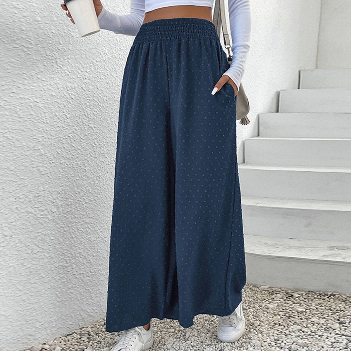 ELASTIC-WAISTED CASUAL WIDE-LEG PANTS