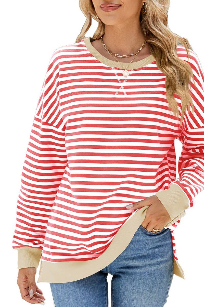 CWTBLL3746_CONTRAST COLOR SLIT LOOSE STRIPED SWEATSHIRT
