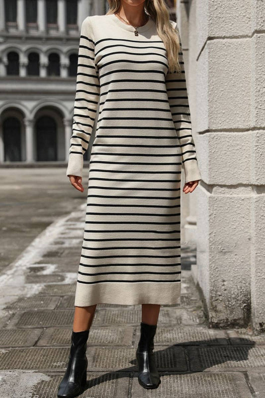 CWDMD4023_ROUND NECK LONG SLEEVE STRIPED DRESS LONG STYLE