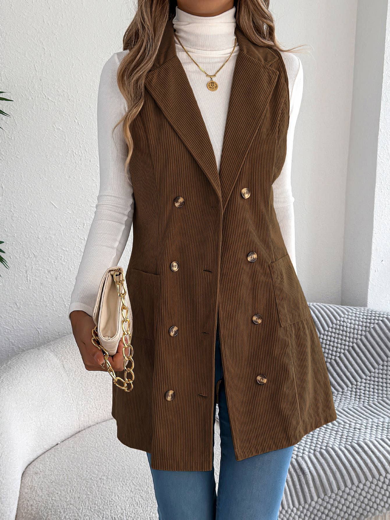 Double-breasted pocket corduroy long vest