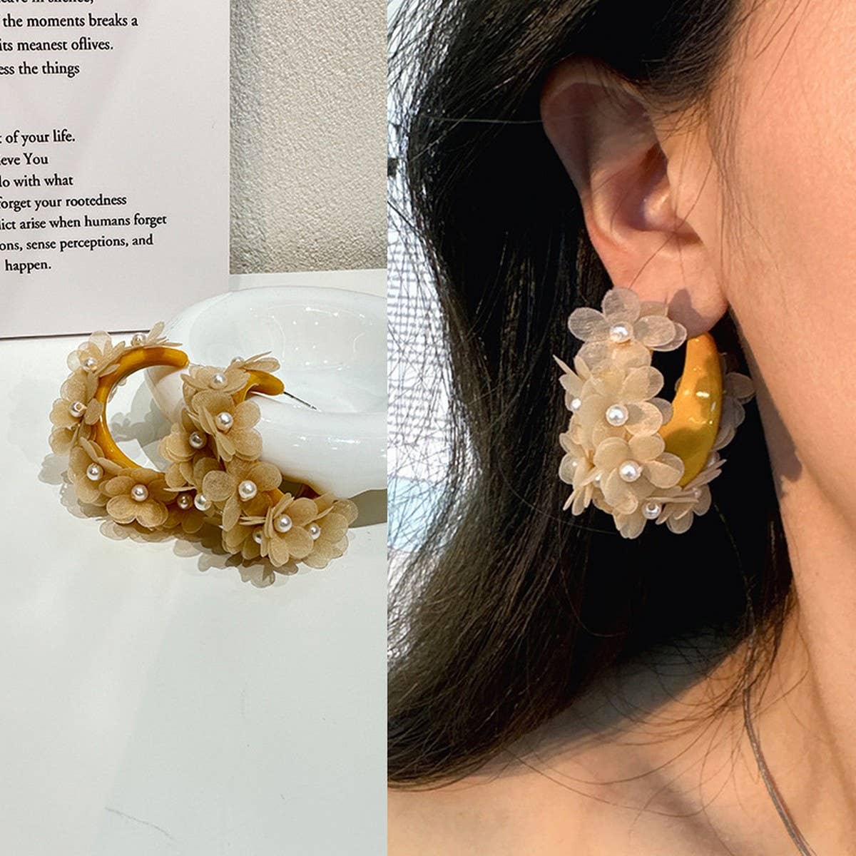 Handmade Pearl Flower C-Shaped Earrings
