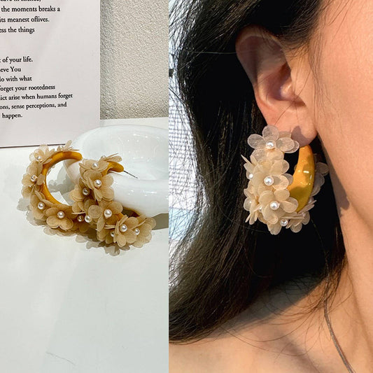 Handmade Pearl Flower C-Shaped Earrings