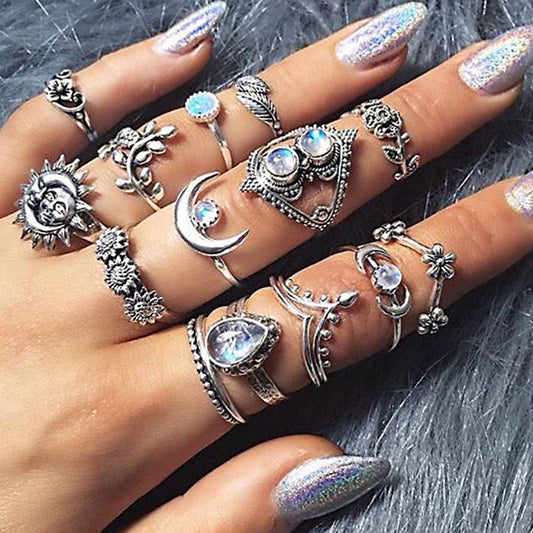 CWASC1952_WATER DROP SUNFLOWER MOON SUN HOLLOW RING SET
