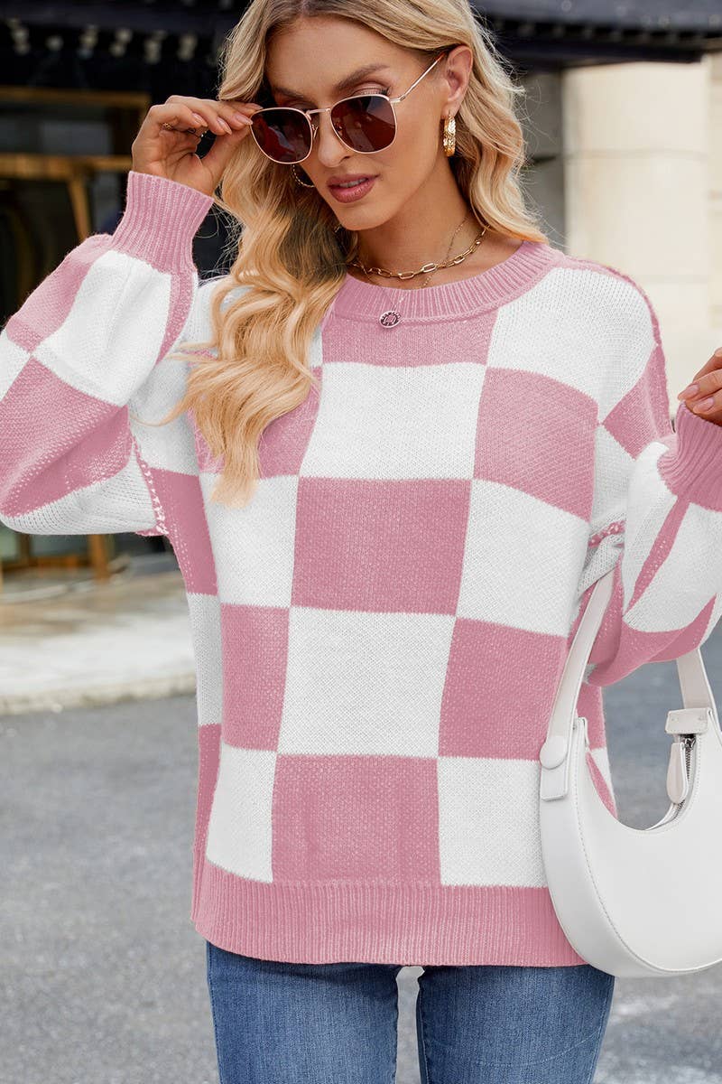 CWOSWL07726_LOOSE CASUAL PLAID COLORBLOCK SWEATER