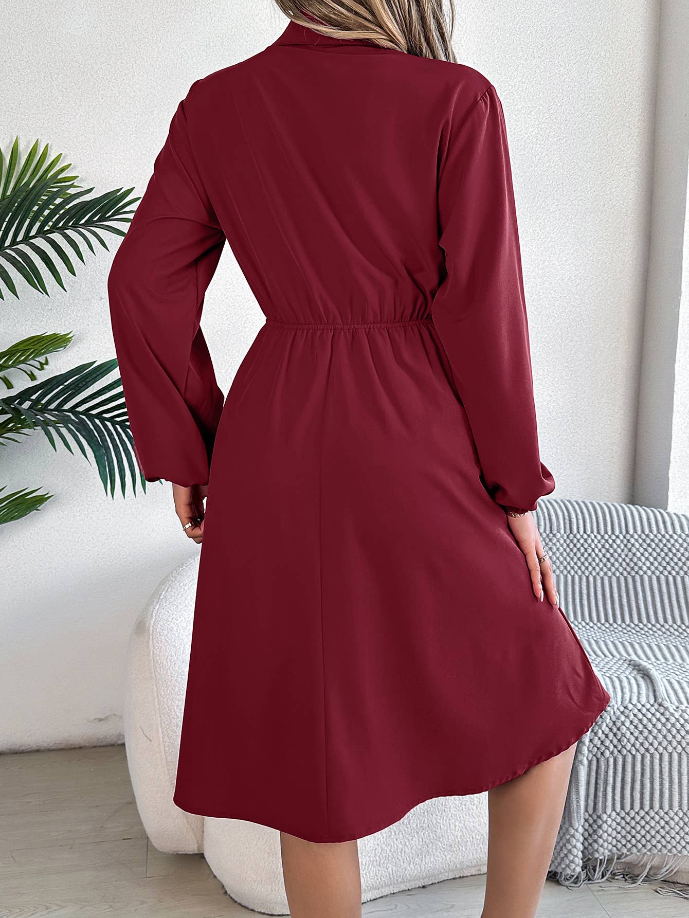 CASUAL BUTTON-UP WAIST LONG SLEEVE SHIRT DRESS