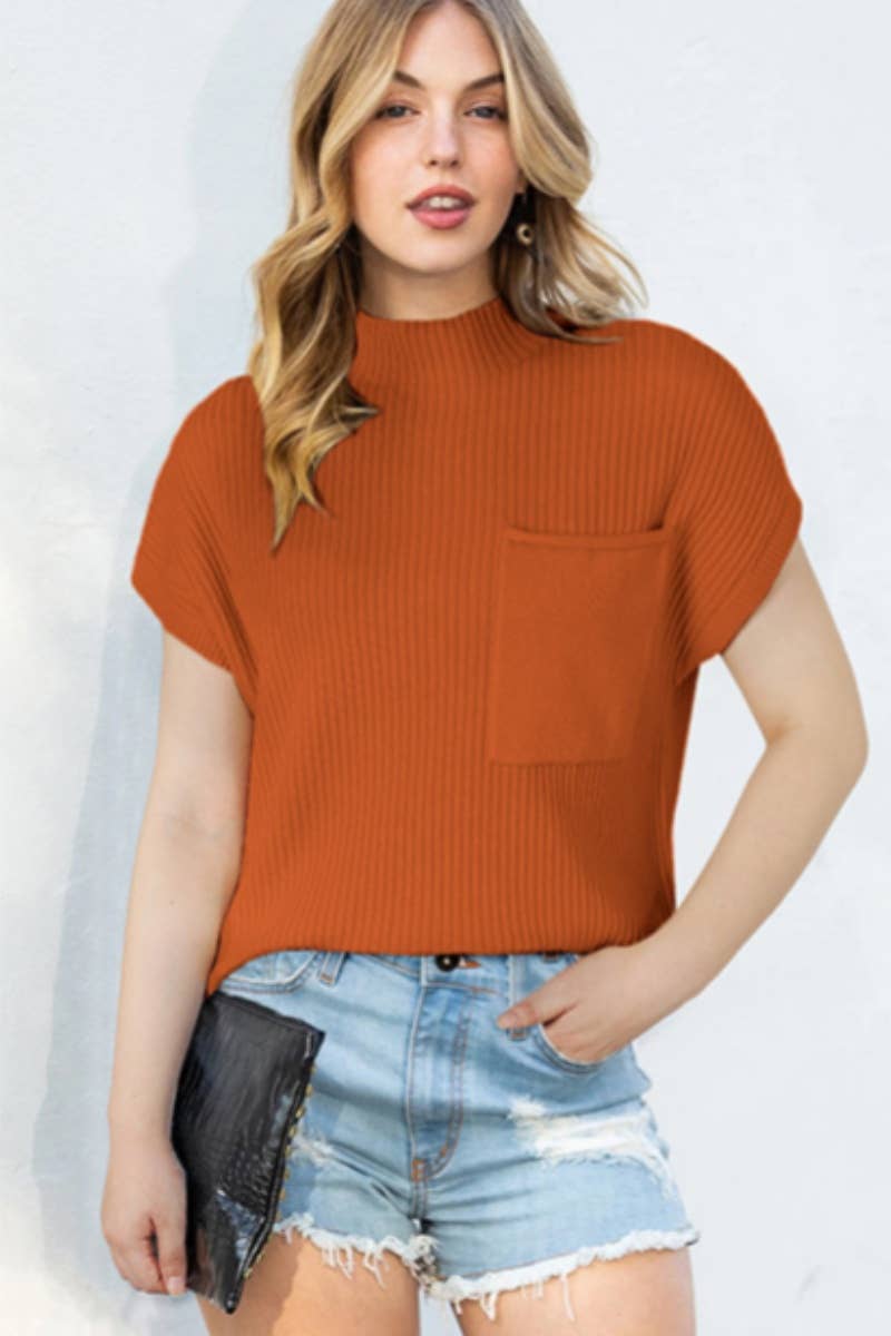 CWOSWSL0114_STYLISH HALF-TURTLENECK SHORT-SLEEVED SWEATERTOP