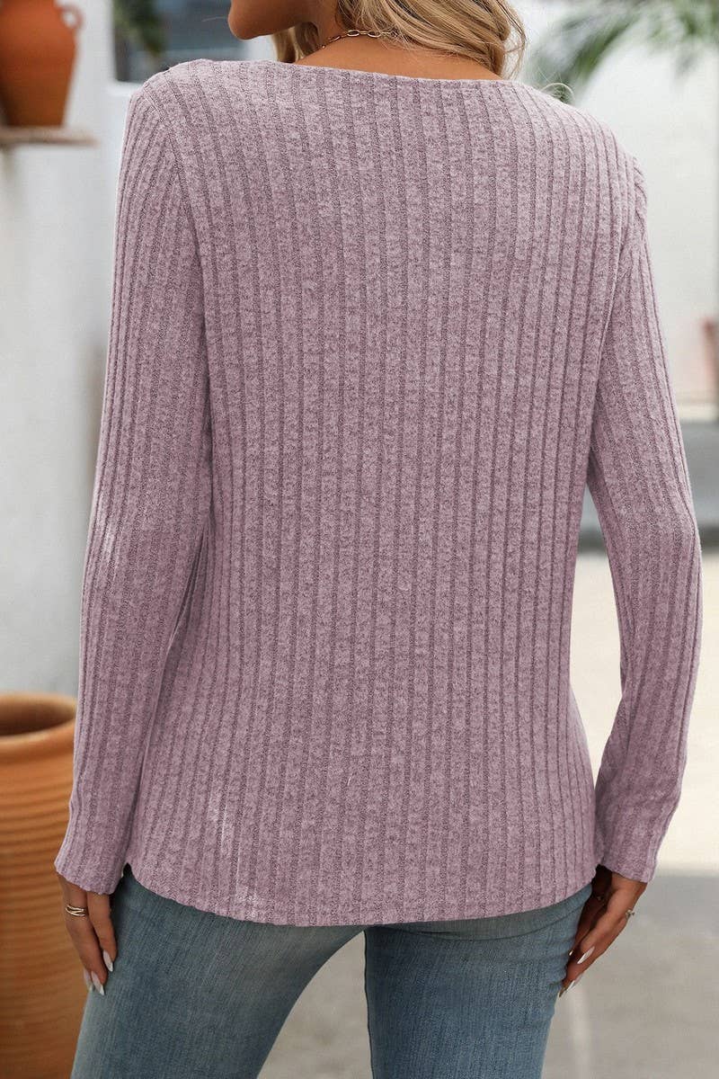 CWTBLL1487_RELAXED V NECK RIBBED BUTTON TOP