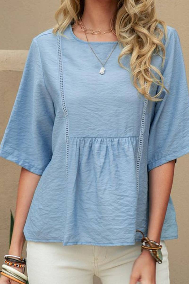 CWTBLS2330_LACE HOLLOW CASUAL SOLID COLOR MID-SLEEVE SHIRT