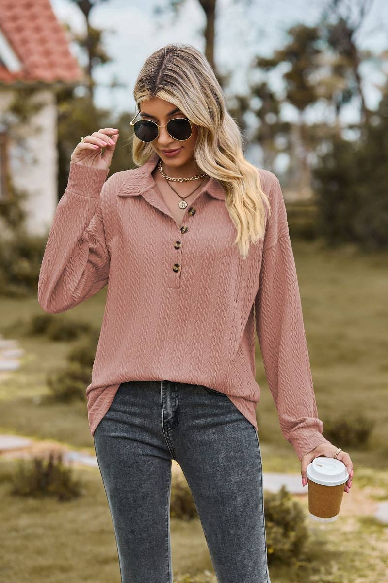 CWTBLL2803_LAPEL BUTTON-DOWN LONG-SLEEVED BAGGY TOP