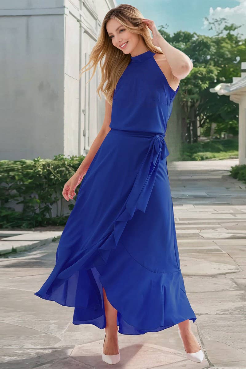 CWDMD6201_RUFFLE TIE WAIST ASYMMETRICAL A-LINE DRESS