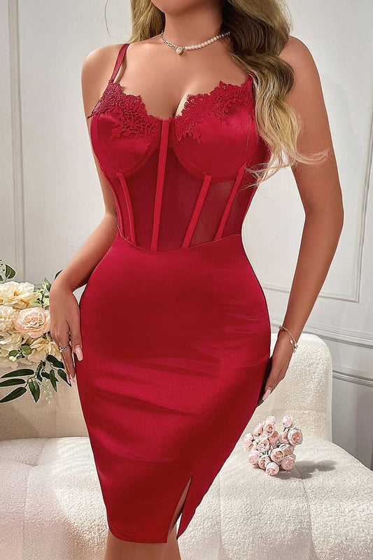 CWDSD7220_MESH UNDERWIRE HERRINGBONE SLIT SUSPENDER DRESS