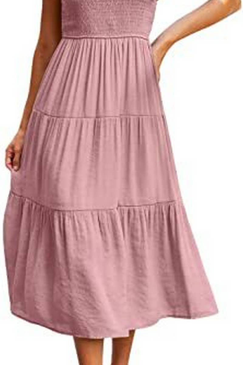 CWDMD2568_FLYING SLEEVE SHIRRED LAYERED SHORT SLEEVE DRESS