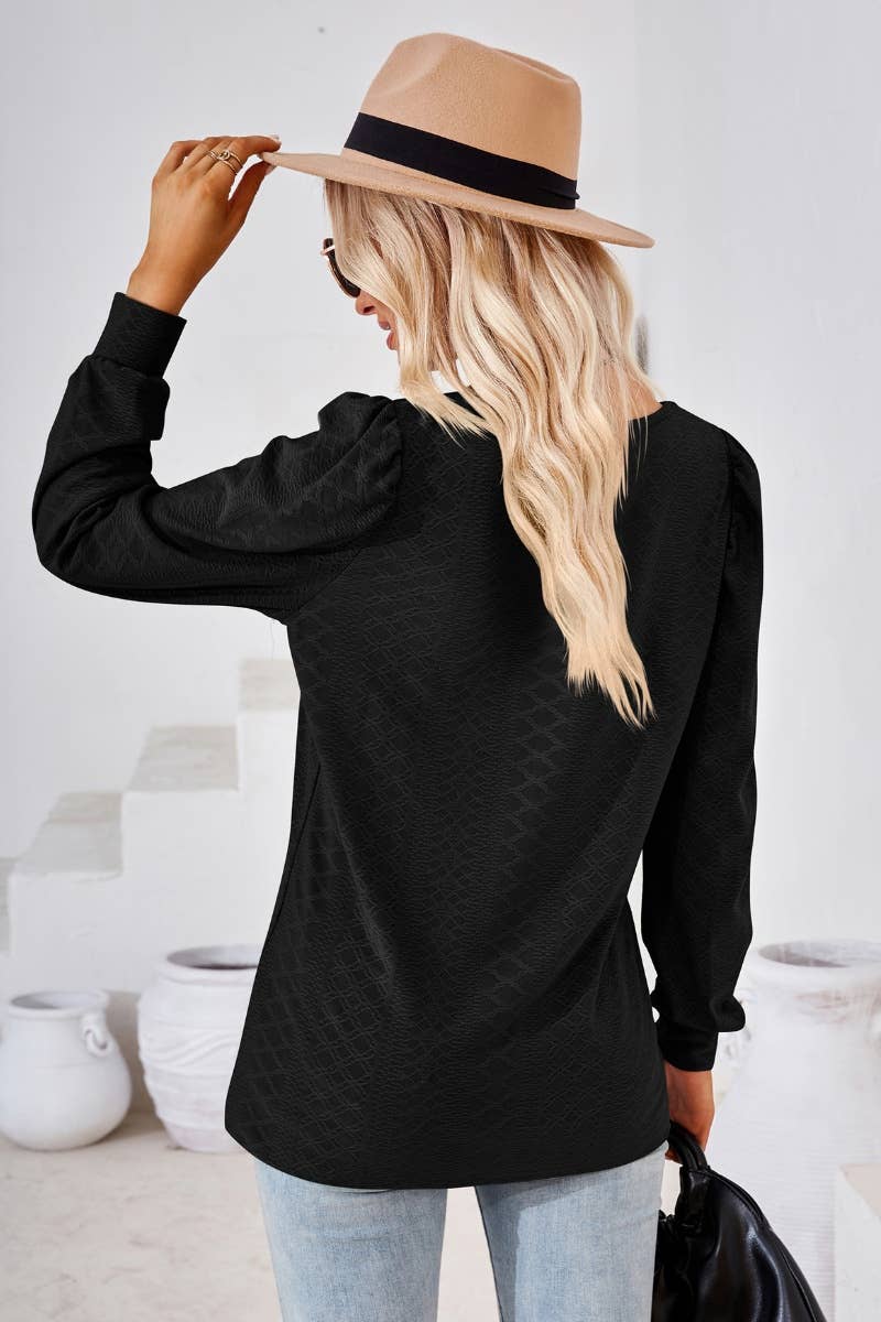 CWTBLL2798_AUTUMN SQUARE NECK JACQUARD LONG-SLEEVED TOP