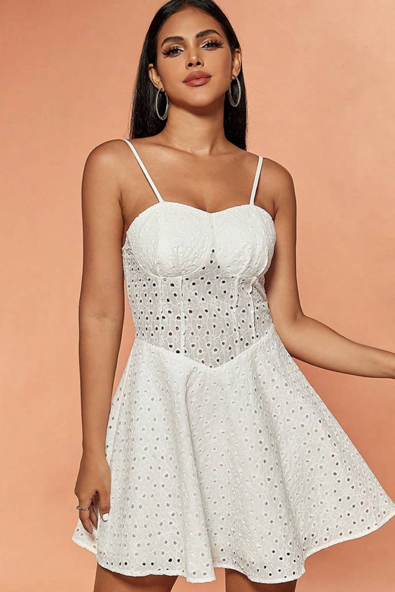 CWDHL0463_SEXY SUMMER LACE SLEEVELESS HALTER DRESS SHORT