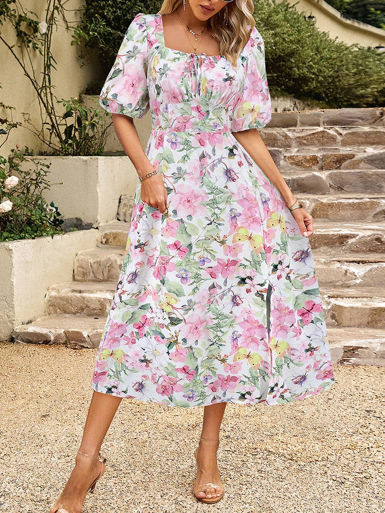 Floral Elegant Lantern Sleeve Dress