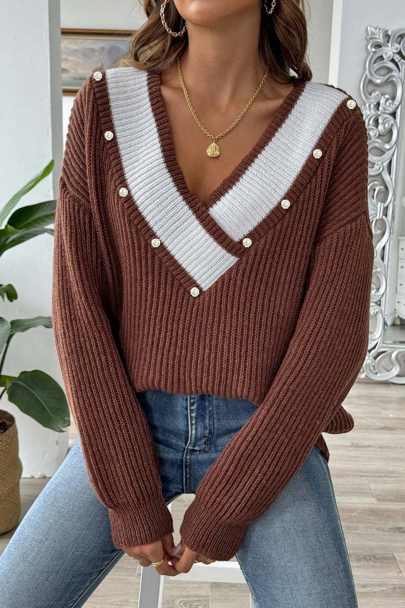 CWOSWL07387_WOMEN PEARL EMBELLISHED V NECK KNIT SWEATER