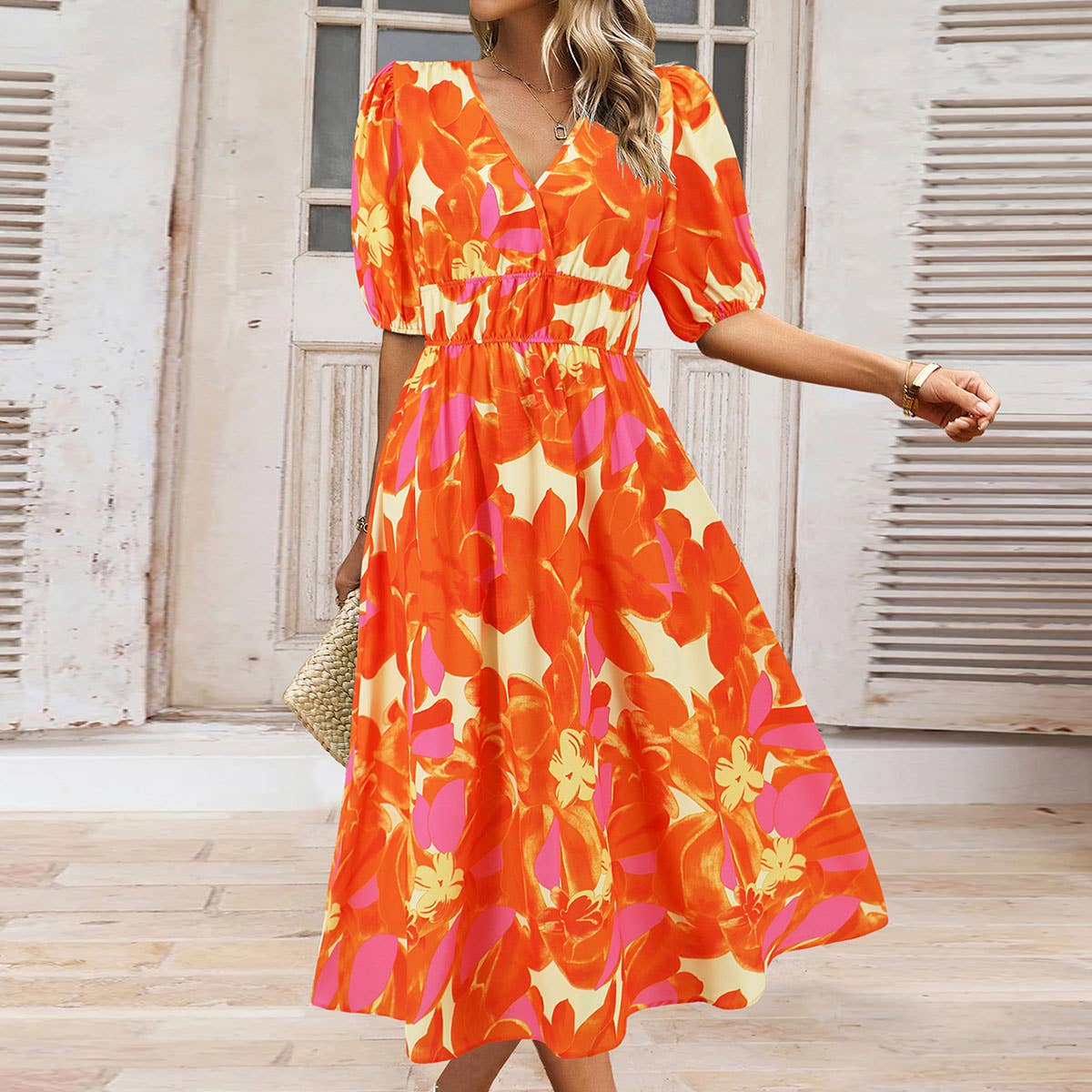 Boho V-Neck Floral Maxi Dress with Waist Tie