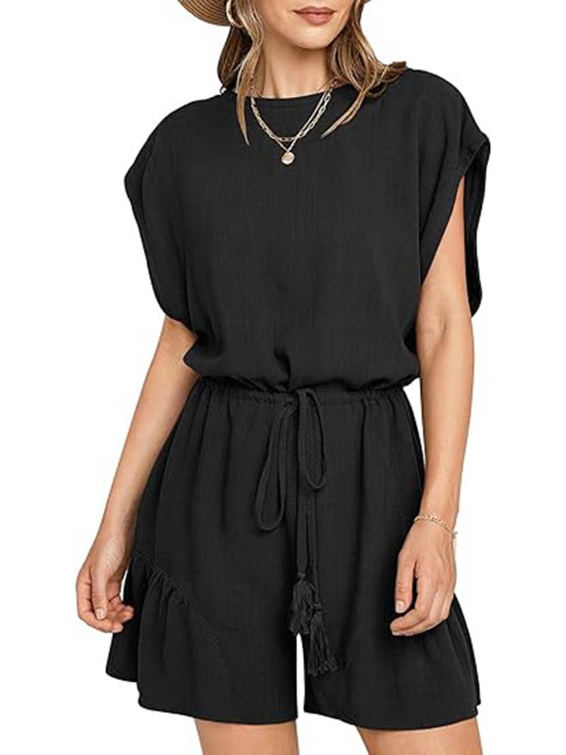 COTTON LINEN CASUAL BELTED SHORT SLEEVE ROMPER